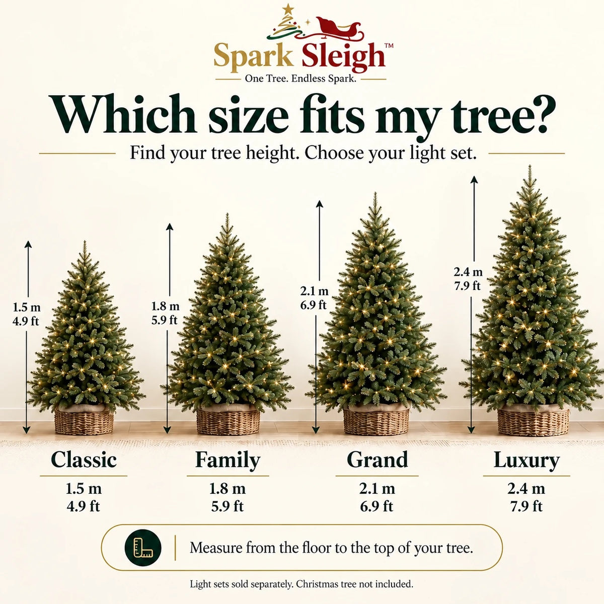 Spark Sleigh size guide: Classic 1.5 m, Family 1.8 m, Grand 2.1 m and Luxury 2.4 m trees