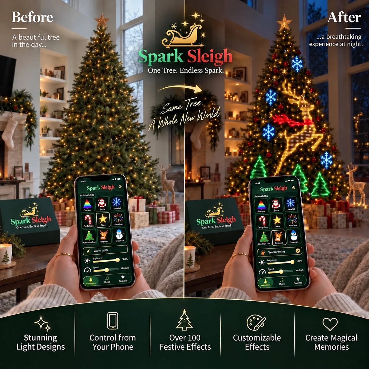 Before and after: a Christmas tree in daylight, then lit at night with an animated Spark Sleigh reindeer