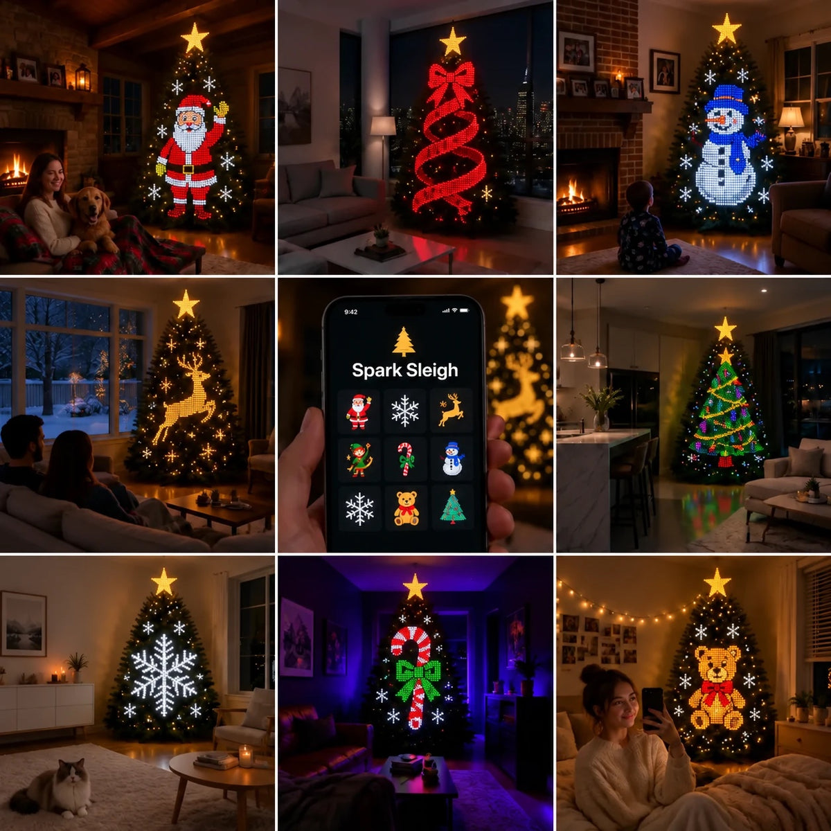 Spark Sleigh designs on real trees: Santa, ribbon, snowman, reindeer, snowflake, candy cane and teddy bear