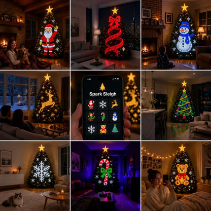Spark Sleigh designs on real trees: Santa, ribbon, snowman, reindeer, snowflake, candy cane and teddy bear