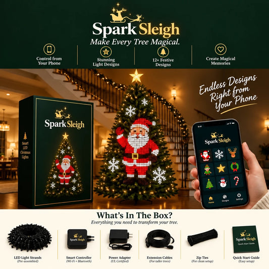 Spark Sleigh smart LED Christmas lights showing Santa on a tree, with the app and everything in the box